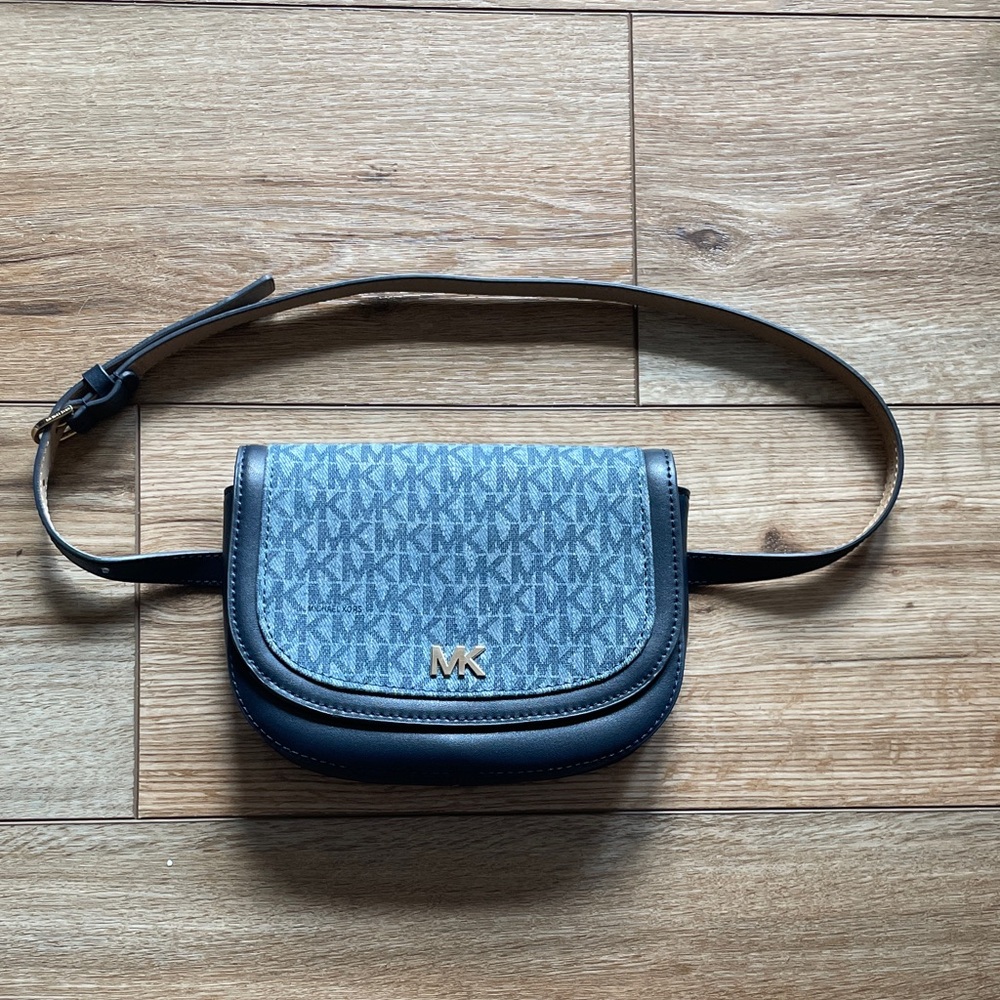 Michael Kors Signature Denim, Navy and Gold Monogram Mini Belt Bag, Leather